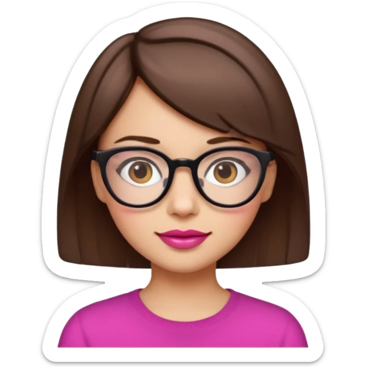 short brown hair girl with glasses, pink lips, and a slight smile, emoji style sticker
