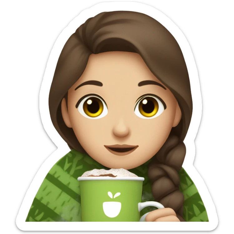 Brown hair Girl drinking chocolate, with a cozy blanket, green eyes sticker