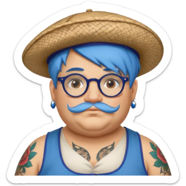 very tattoed face, normal glassess, fat venice gondolier with iconic hat and blue hair woman sticker