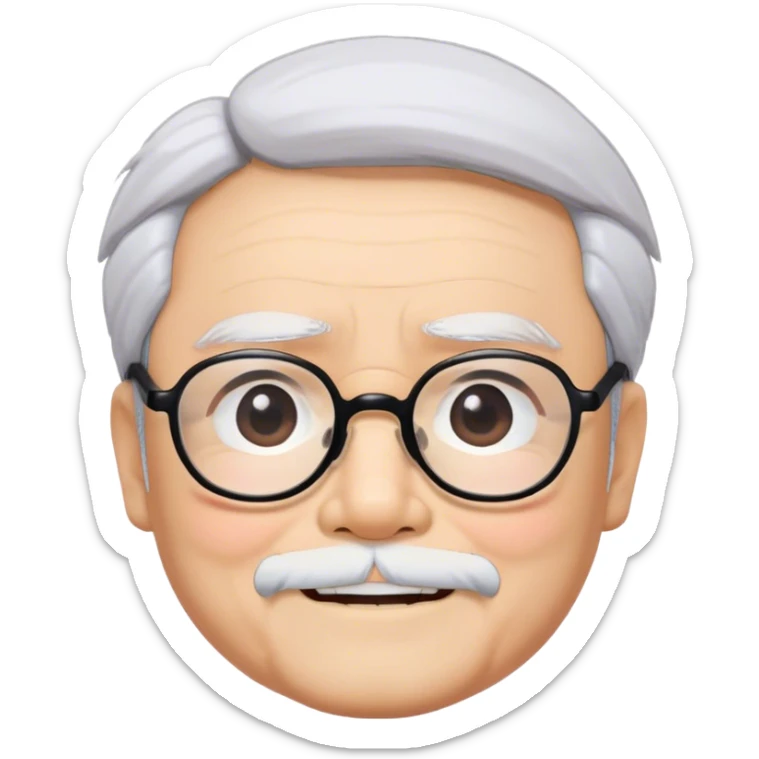 ​Cinematic Realistic Portrait of Hayao Miyazaki, depicted with defined black eyebrows, and large rectangular glasses, his happy expression rendered in lifelike detail, illuminated with soft, realistic lighting that emphasizes his creative genius, sticker