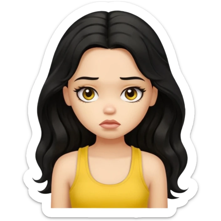 a pretty bratz girl with long wavy black hair, wearing a yellow tank top. looking sad sticker