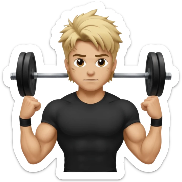 Gym rat with blond brown hair and black t shirt, and messy hair. And muscular sticker
