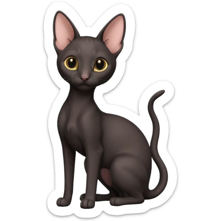 A 3D cartoon black Oriental Shorthair cat with bulky body, tall ears, Nice fur, dark cinematic background, Memoji-style. full body or half body. sticker