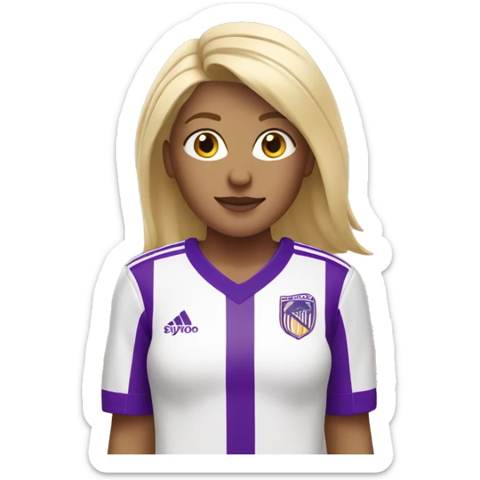 blonde woman wearing white soccer jersey with purple stripes sticker