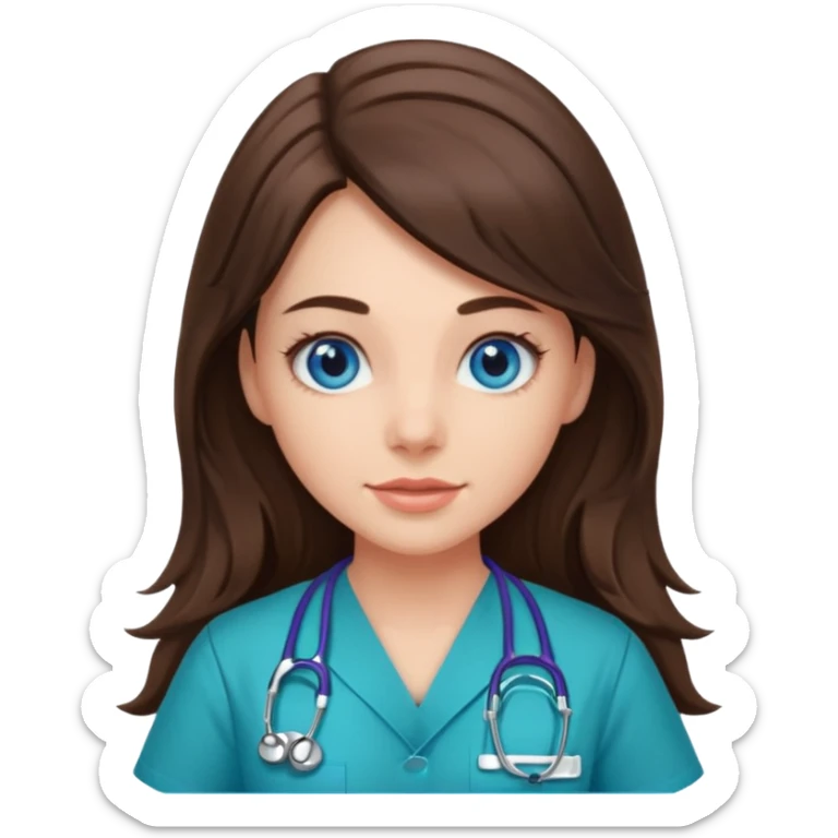 pretty brunette nurse with long hair and blue eyes in dinosaur scrubs sticker
