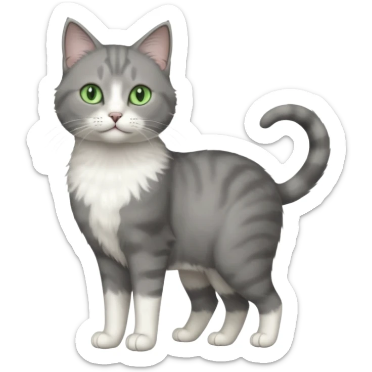 full body view of beautiful female grey cat with green eyes, white paws and white chest sticker