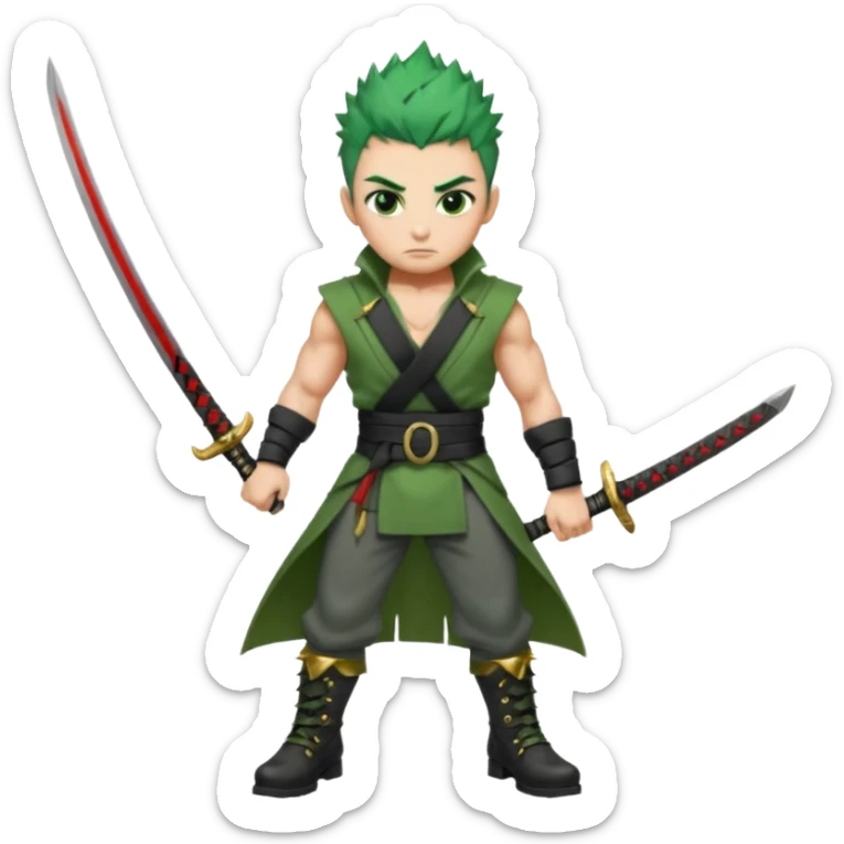 Muscular scarred warrior, short spiky moss-green hair, sharp steel-grey eyes, strong jaw, serious stare. Black trousers, boots, green sash with three katanas, open white coat, three gold earrings. Cinematic, ultra-realistic. (Roronoa Zoro) sticker