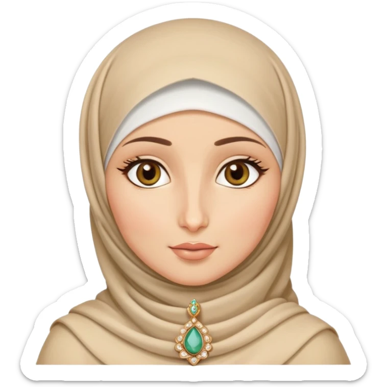 Hijabi, very light fair skin, arab nose, doll like face, almond shaped hazel eyes. Jewelry. sticker