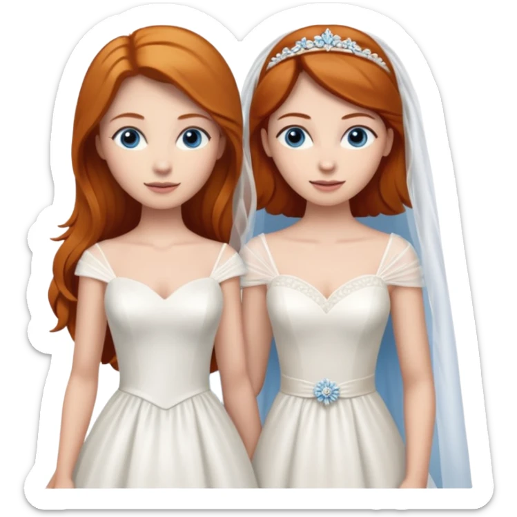 A ginger woman with blue eyes, marrying a taller woman with brown hair and hazel eyes, both in wedding dresses. sticker