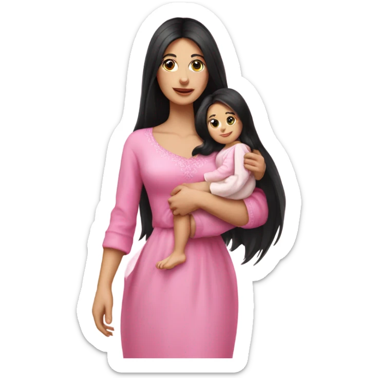 Beautiful Russian lady with very long black hair pink clothes holding baby  sticker