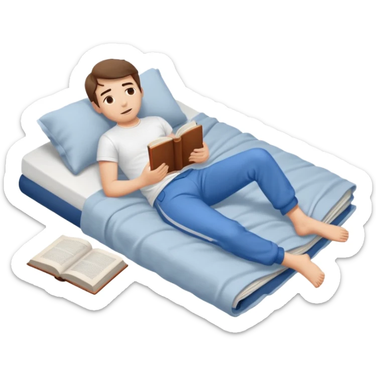 bed with a wrinkled blanket, the pillow out of place on the floor. t-shirt, pants, and an open book on the floor. sticker