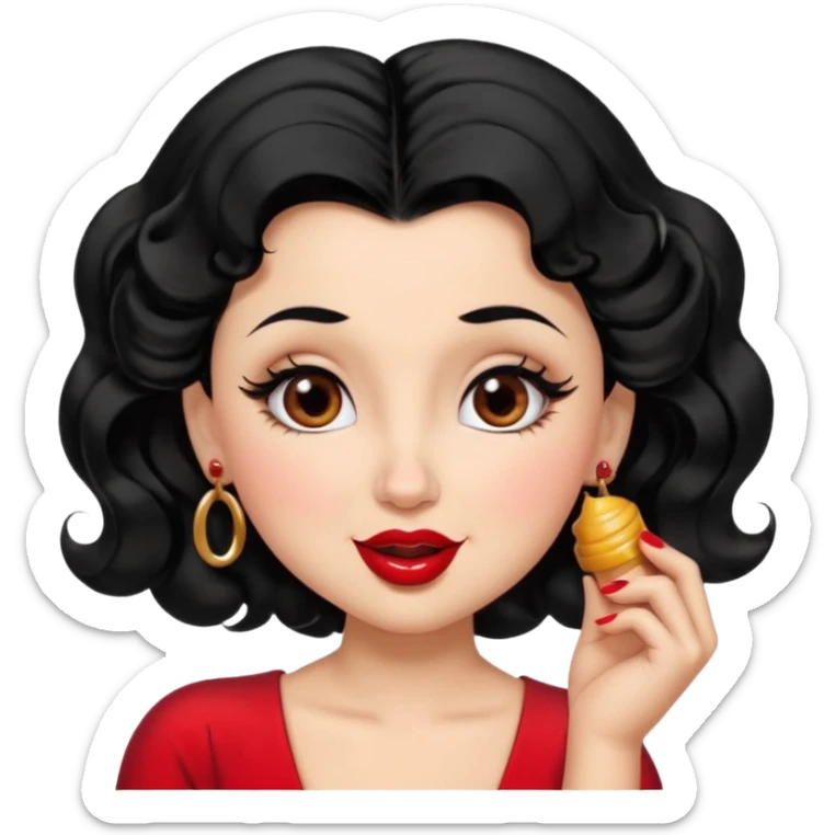 Betty Boop: round face, honey-toned skin, expressive eyes, full eyelashes, arched eyebrows, tiny upturned nose, pouty puckered lips, matching lipstick, flawless makeup, black long wavy hair that elegant frame her face in a high side ponytail, nails, laughing  sticker