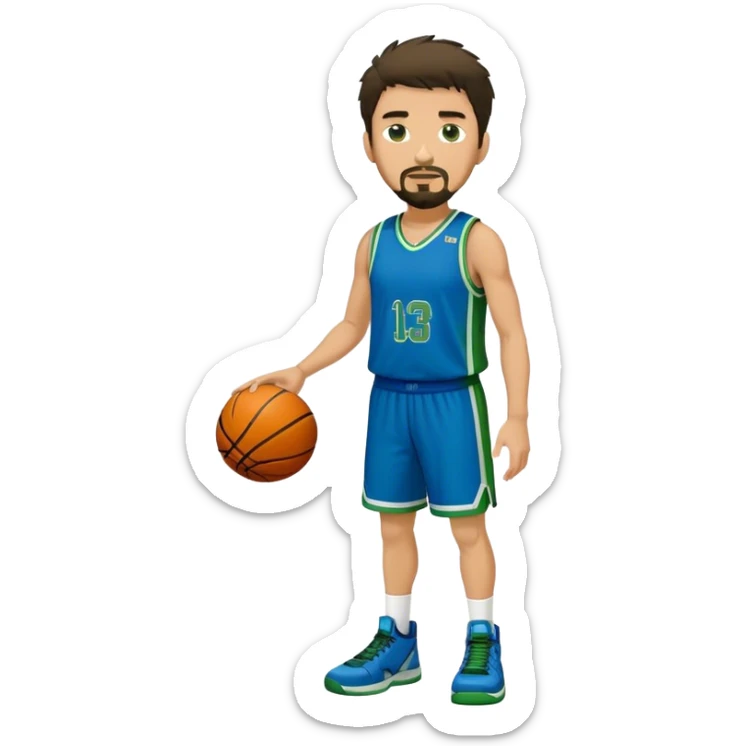 Full Body white male basketball player with short dark shaggy hair and goatee wearing blue and green uniform sticker