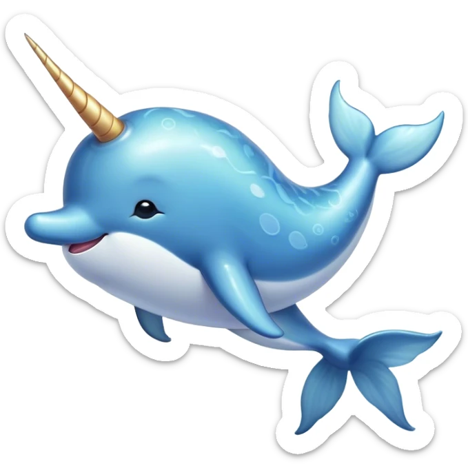 Beautiful and Majestic Cute Narwhal Portrait Emoji, Head and body rendered in serene repose with a gentle, radiant smile, showcasing a streamlined, graceful form adorned with a luminous spiraled tusk and peacefully closed eyes, Simplified yet exquisitely endearing features, highly detailed, glowing with a soft, majestic ocean light, high shine, serene and utterly enchanting, stylized with an air of magical marine splendor, soft glowing outline, capturing the essence of a beautiful and majestic cute narwhal that embodies the quiet wonder of the deep blue! sticker