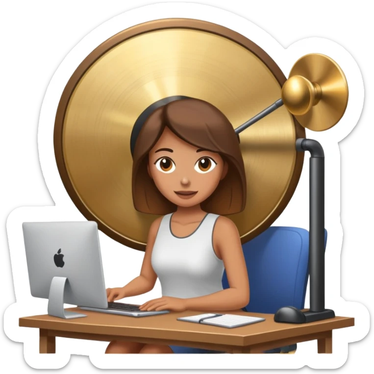 Woman in her work-from-home office on her computer with a huge gong in her office  sticker