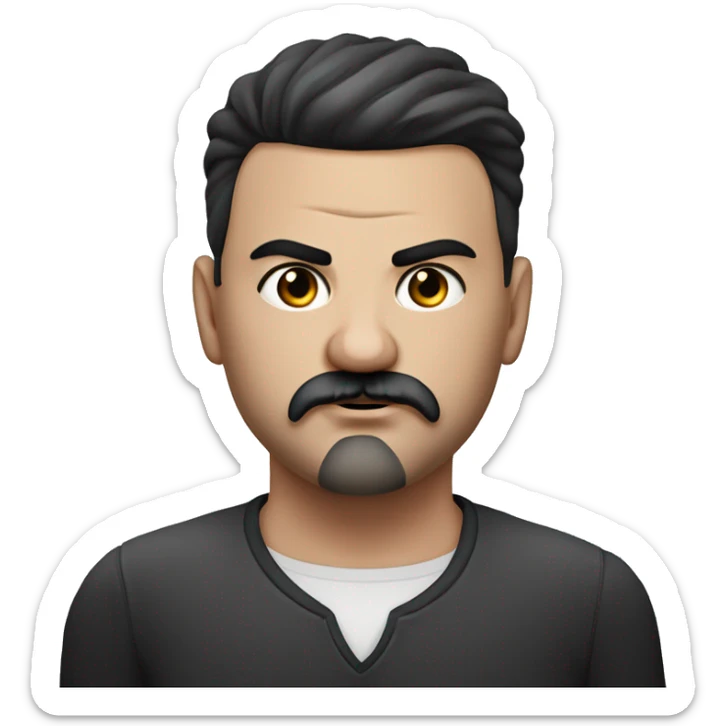 Photorealism A plump serious man of Slavic appearance with litle eyes with a black goatee beard and black mustache, with a black short haircut, big detailed face, wrinkled face sticker