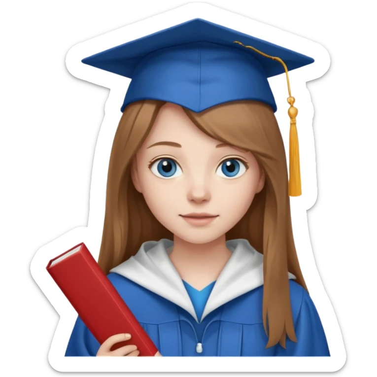 light brown haired girl with long hair, blue eyes, pale skin, wearing graduation regalia with white hood, holding diploma sticker