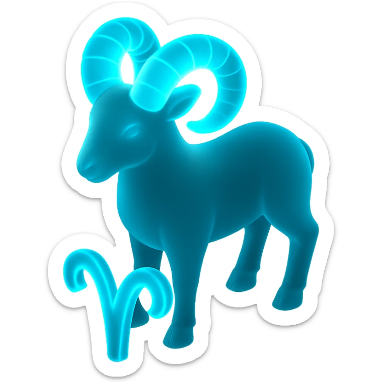 "A digital illustration of the Aries zodiac sign, a majestic ram with glowing horns, incorporating the color #00d9ff prominently in its design, celestial background, mystical and cosmic atmosphere" sticker