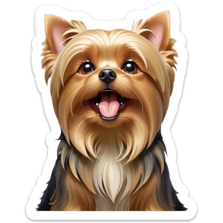 Cinematic Cute Yawning Yorkshire Terrier Portrait Emoji, Head tilted with a playful, drowsy expression and droopy, adorable eyes, featuring a soft, well-groomed fur in rich hues, simplified yet irresistibly endearing, highly detailed, glowing with a warm, cozy radiance, high shine, exuding a relaxed yet spunky charm, styled with a gentle, soft glowing outline, capturing the essence of a Yorkshire Terrier mid-yawn that seems as if it could cuddle right off the screen! sticker