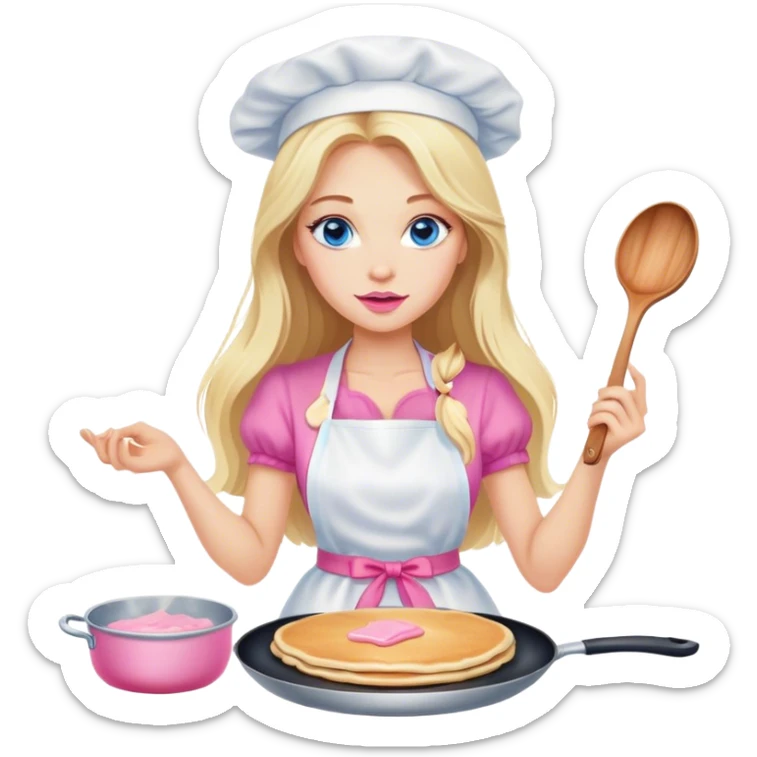 Cinematic realistic beautiful blonde with long hair, blue eyes and pink lips in a white dress cooks pancakes sticker