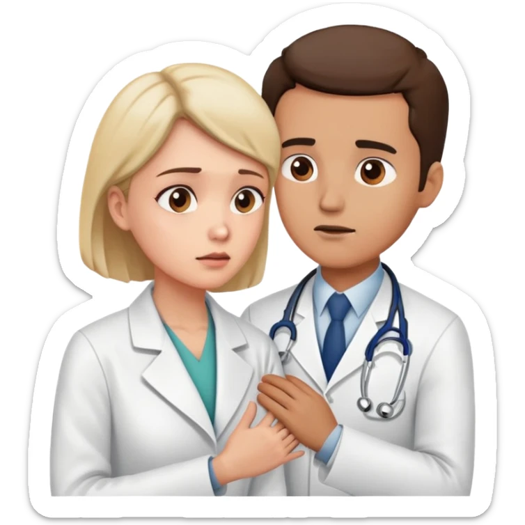 doctor in a white coat examining a patient's neck with one hand, patient looks concerned sticker