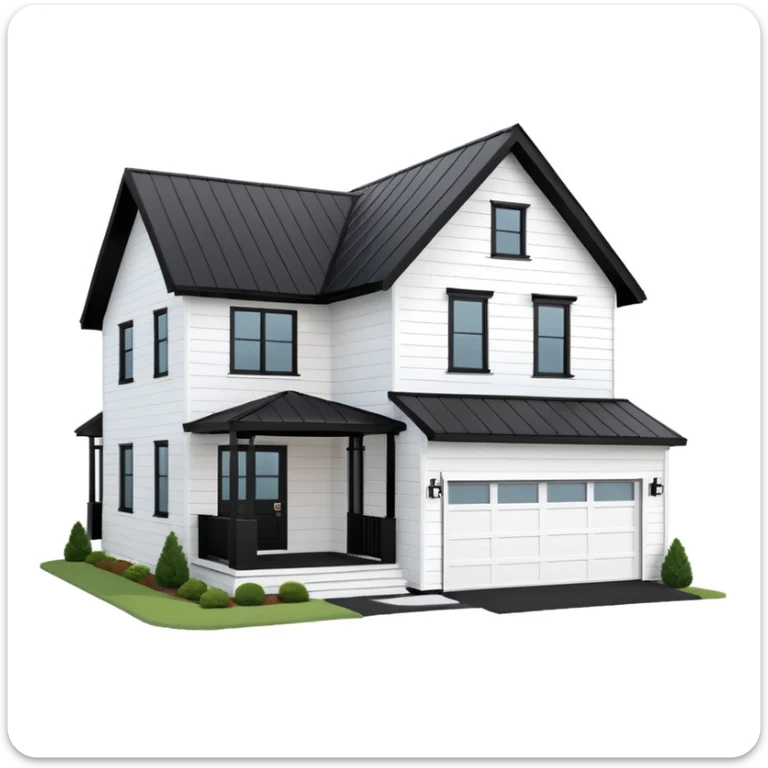 modern farmhouse with white siding, black roof and black trim, exterior view, 3d sticker