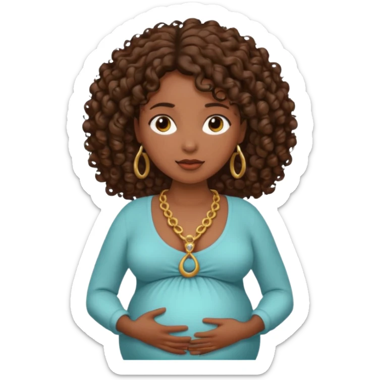 Very dark brown skin woman, pregnant with curly brown hair, head neck and abdomen only sticker