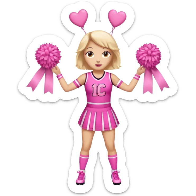give me a full-length cheerleader in pink with pink pom poms and a breast cancer ribbon on the top sticker