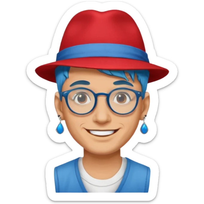 unique looking tourist with big unique red tourist fedora and earrings, man with lots of tattoes and spectacles, blue hair showing sticker