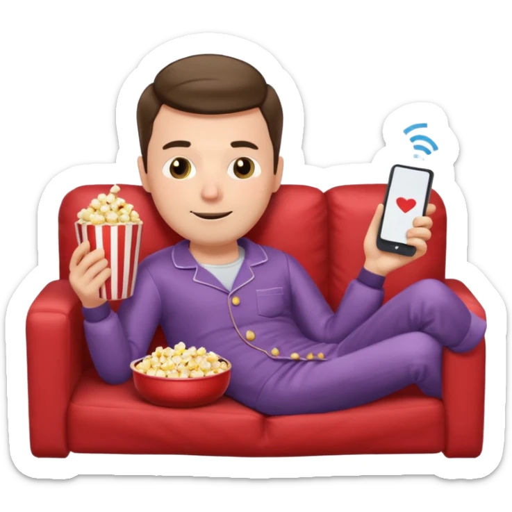 male memoji, lazy man in pajamas, lying on couch, holding TV remote, relaxed face, casual home vibe, popcorn bucket sticker