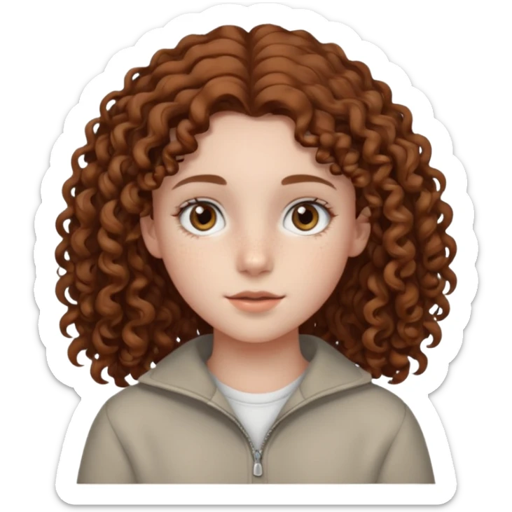 pale teen girl with light grey eyes and brown freckles that has curly hair in a middle part sticker