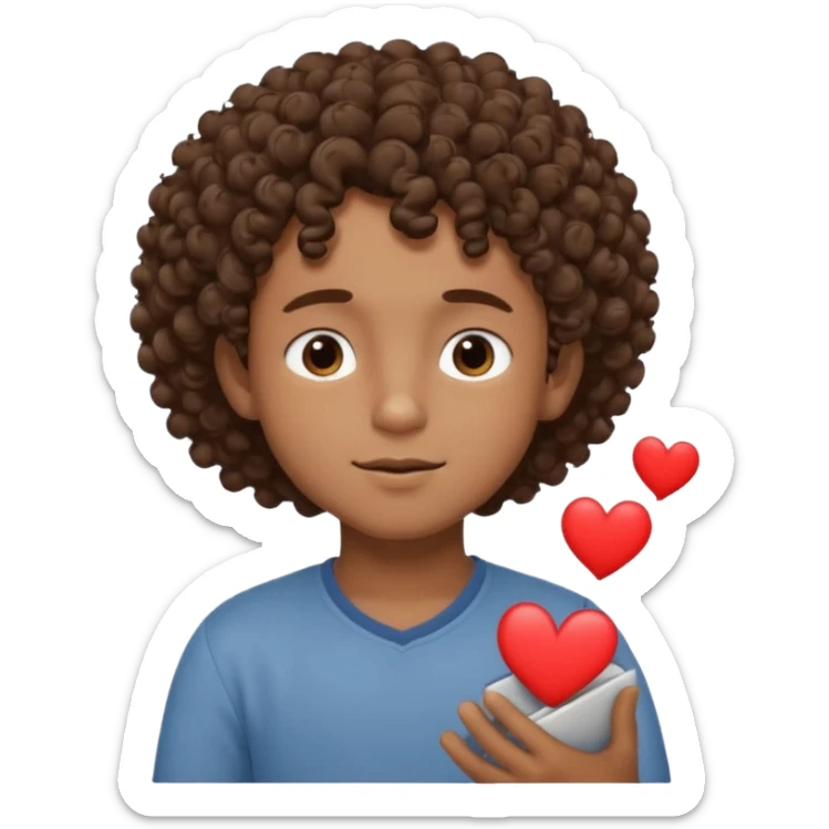 Brown boy with curly hair dreaming abouthis girlfriend small smirk on his face eyes closed with a little heart next to him sticker