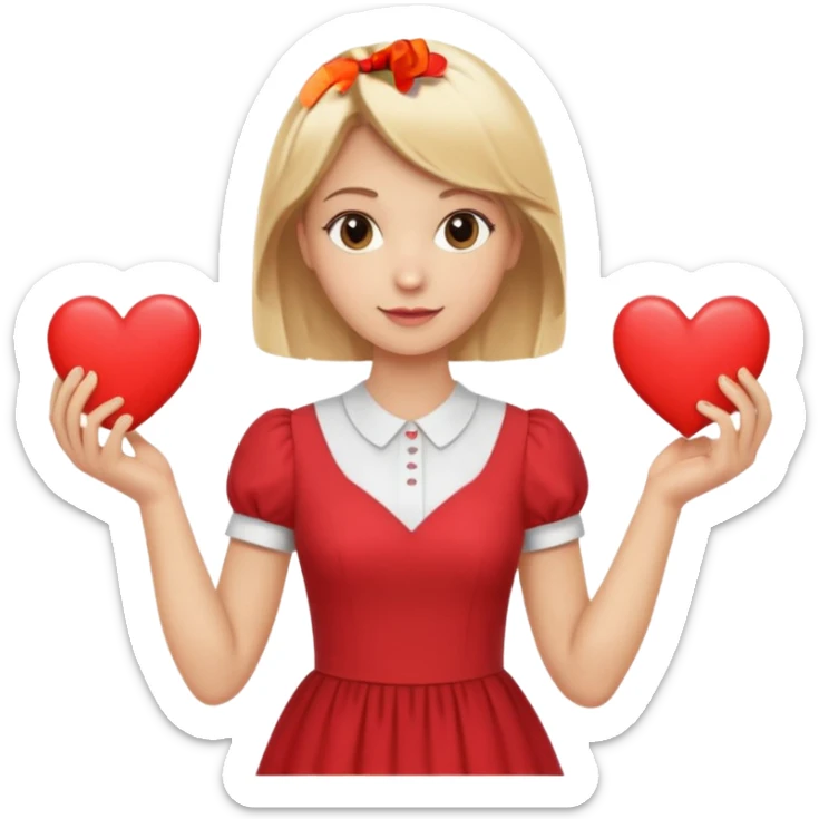 teacher with blond hair, wearing a dress, holding red hearts, white background sticker