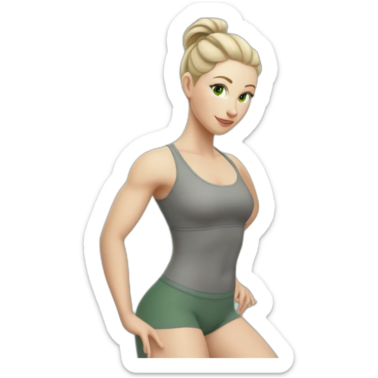 Pale skinned fit woman In a gray tight yoga suit With ash blonde hair in a ponytail and green eyes doing yoga sticker