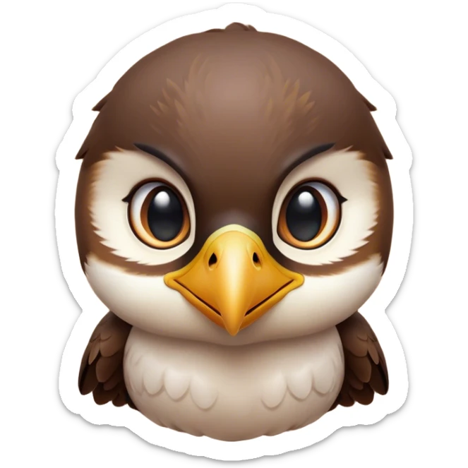 Cinematic Cute Falcon Portrait Emoji, Head tilted playfully and inquisitively, featuring a sleek, agile form with a delicately curved beak and round, sparkling eyes full of spirited charm, Simplified yet irresistibly adorable features, highly detailed, glowing with a warm, inviting glow, high shine, affectionate and lively, stylized with a touch of whimsical aerial grace, soft glowing outline, capturing the essence of a mischievous yet endearing falcon that seems as if it could dart out of the screen into your heart! sticker