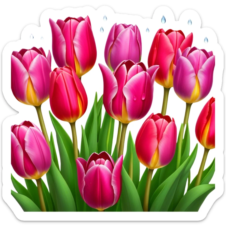 Tulips – Cinematic Realistic Tulips, depicted as a vibrant field of blooming tulips in brilliant hues, each delicate petal catching dewdrops under soft, natural spring light, rendered with detailed textures and a dreamy, picturesque glow. sticker