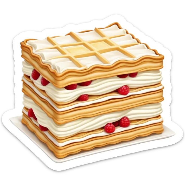 Mille-feuille Cinematic Realistic Mille-Feuille Dessert Emoji, depicted as a delicate pastry composed of two crisp layers of puff pastry with a rich cream filling, rendered with intricate textures and elegant, soft lighting. sticker