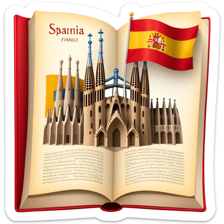 An icon featuring the Sagrada Familia and the flag of Spain, symbolizing the Spanish language. The design includes an open book with Spanish text and flamenco dancers, representing language learning and cultural heritage. Transparent background sticker