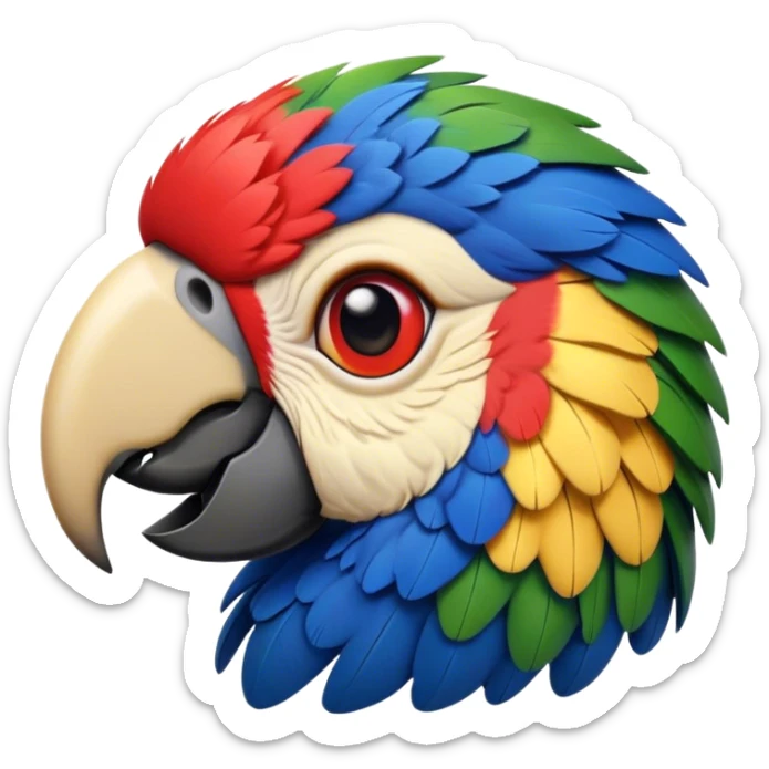 Cinematic Realistic Noble Macaw Portrait Emoji, Poised and majestic, with a robust, vibrant build and meticulously detailed plumage in scarlet, deep blue, and touches of gold, a strong, curved beak and piercing, intelligent eyes, rendered with lifelike feather texture and natural lighting, high shine, commanding and regal, styled with an air of tropical authority, focused and attentive, soft glowing outline, capturing the essence of a watchful and confident macaw that appears ready to soar out of the screen with effortless splendor! sticker