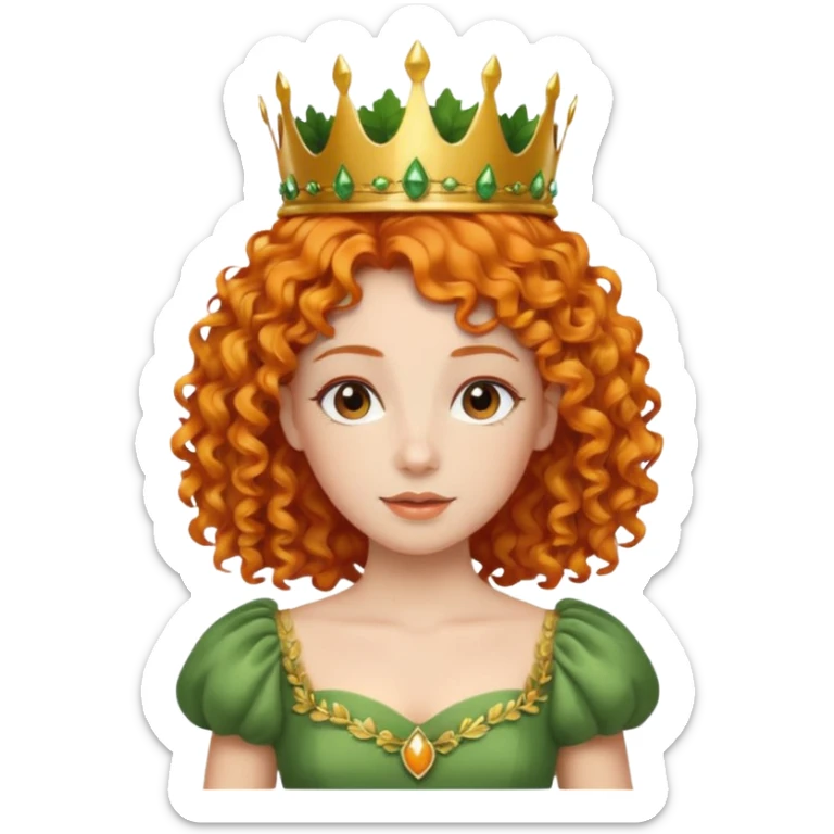 orange curly hair beautiful princess full body in leafy green dress elegant sticker