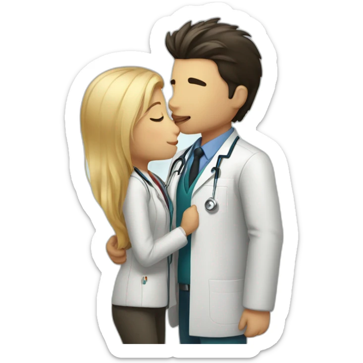 dark hair doctor girl kissing blond hair man with jacket sticker