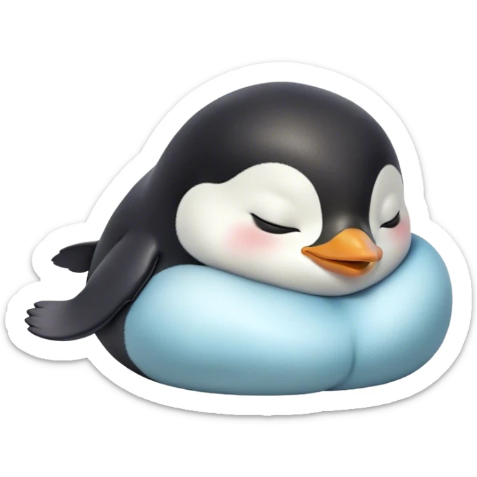Meme-Worthy cute Sleeping Baby Penguin Portrait Emoji, Head resting peacefully with a contented smile, showcasing luxuriously soft down and a serene, slumbering gaze, Simplified yet hilariously adorable features, highly detailed, glowing with a soft, drowsy polar light, high shine, relaxed and utterly lovable, stylized with an air of playful laziness, bright and heartwarming, soft glowing outline, capturing the essence of a sleeping baby penguin that feels destined to become the next viral icon of adorable rest! sticker