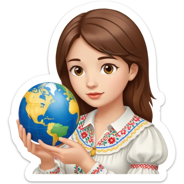 Beautiful young girl with brown hair wearing a white Ukrainian embroidered shirt holding a globe in her hand sticker