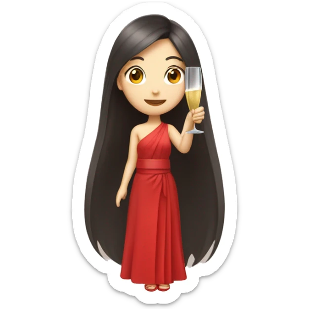 Long hair Japanese girl holding a champagne glass in red dress  sticker