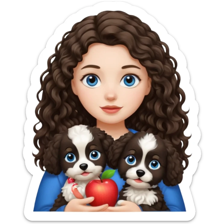 Baltic white girl with brunette wavy hair and blue eyes, holding her black and white fluffy dog, apple emoji style sticker