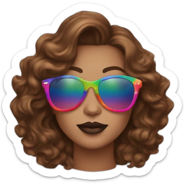 gay pride sunglasses on female head with wavy brown hair and rainbow lipstick sticker