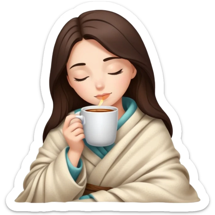 Brunette girl wrapped in cozy blanket sipping hot coffee with eyes closed sticker