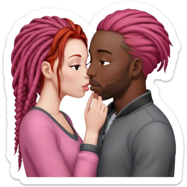 Mulher ruiva, pele branca, roupinha rosa, beijando um homem negro, com dreads nos cabelos e roupa cinza sticker