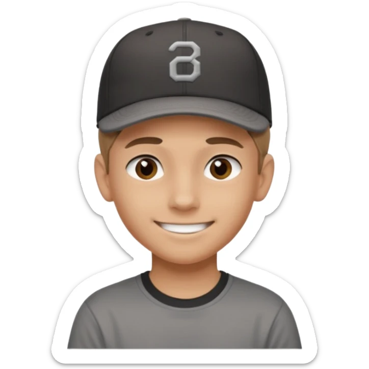 Create a teen boy wearing a faded black T-shirt. He will have light brown hair that is buzzed, tan skin, and dark brown eyes. He is wearing a gray baseball hat turned backwards. He is smiling sticker