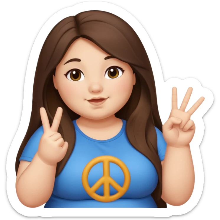 chubby brunette girl with long hair. chubby tummy showing, and she’s posing for an instagram picture with a peace sign. sticker